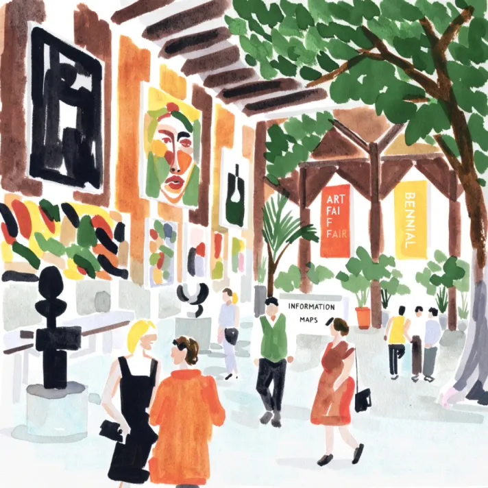 A watercolour of an art fair: gallery walls hung with abstract paintings and a painted portrait, sculptures on plinths, printed banners above the entrance, and visitors moving between the stands past an information and maps sign.