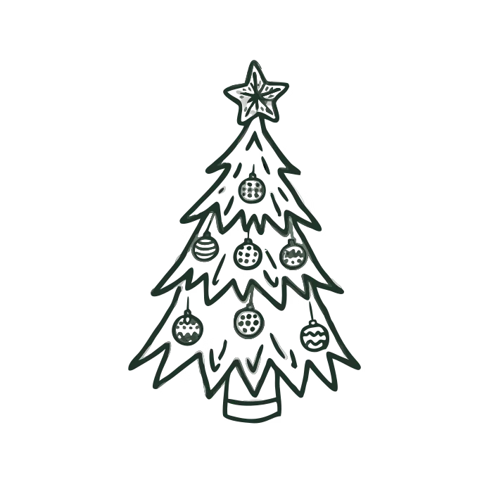 An ink drawing of a decorated Christmas tree with a star on top and baubles on its branches.
