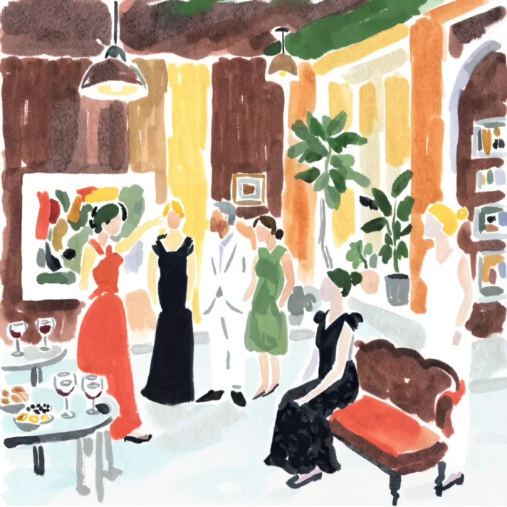 A watercolour of a members’ club interior: guests in evening dress among tall plants and framed pictures, with wine and small plates on a side table.