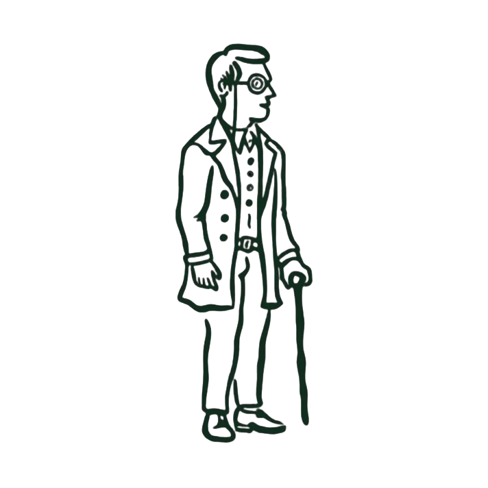 An ink drawing of a man in a frock coat and waistcoat with a monocle and a walking cane.