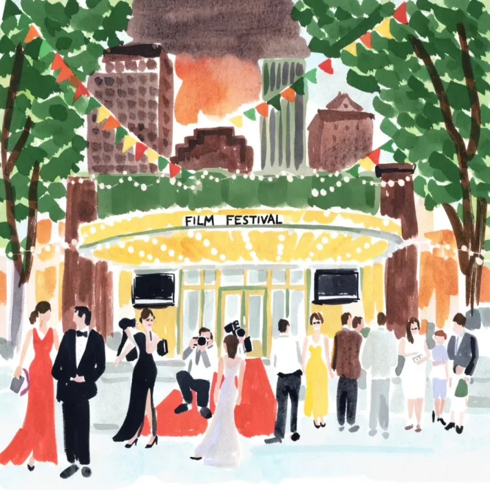 A watercolour of a cinema marquee reading FILM FESTIVAL, with bunting overhead, photographers and guests in evening dress on a red carpet.