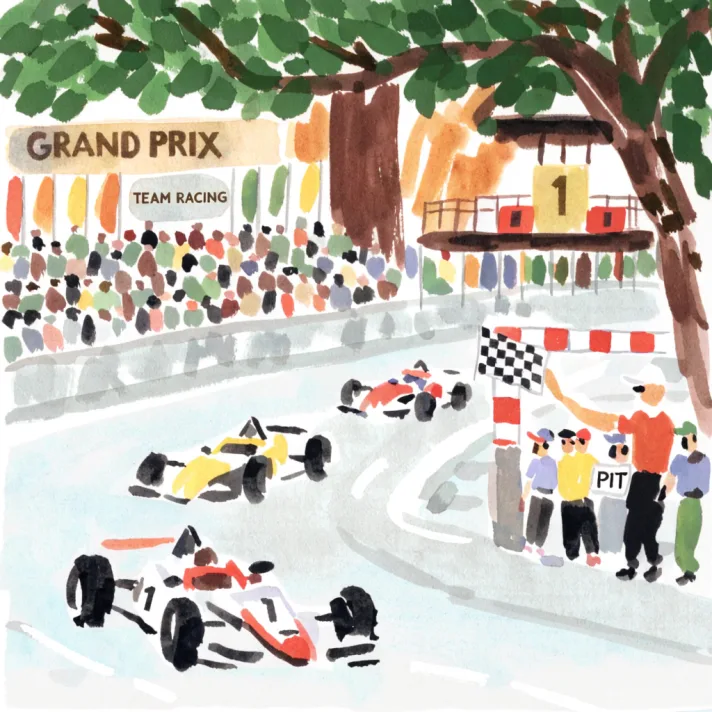 A watercolour of a Grand Prix: three single-seaters through a curve in front of a packed grandstand, a chequered flag raised beside the pit wall.