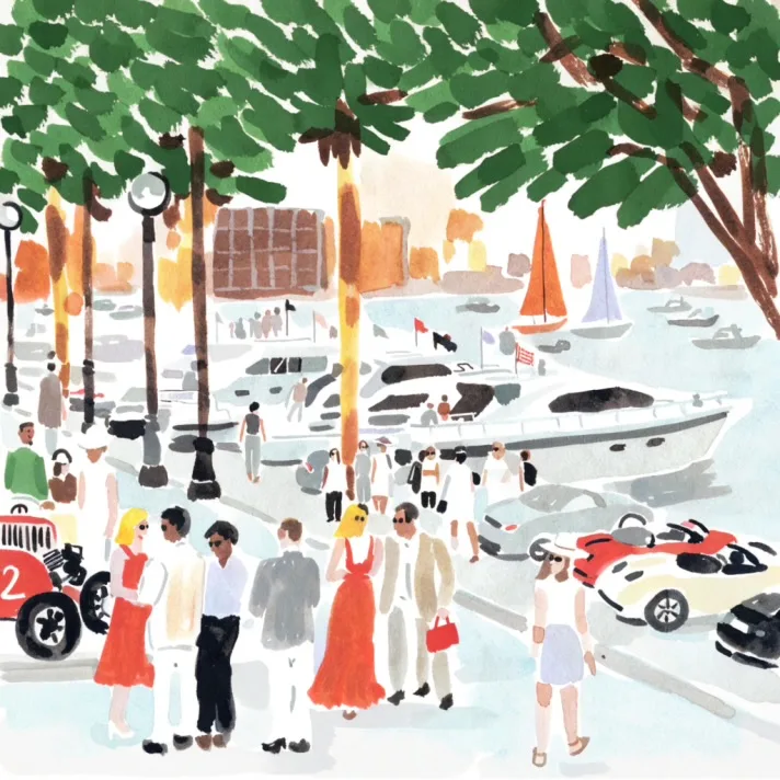 A watercolour of a harbour promenade under plane trees: classic and modern sports cars parked along the quay, with motor yachts and a sailing boat at their moorings behind them.