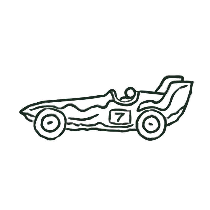 An ink drawing of a vintage open-wheel racing car numbered seven, seen from the side.
