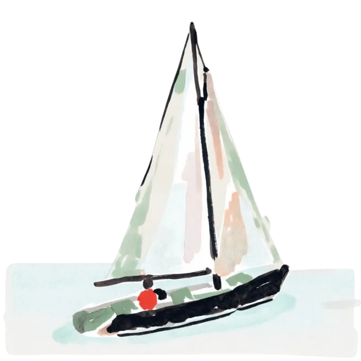 A watercolour of a small dark-hulled sailing boat under pale sails, drawn on a band of blue-green water.