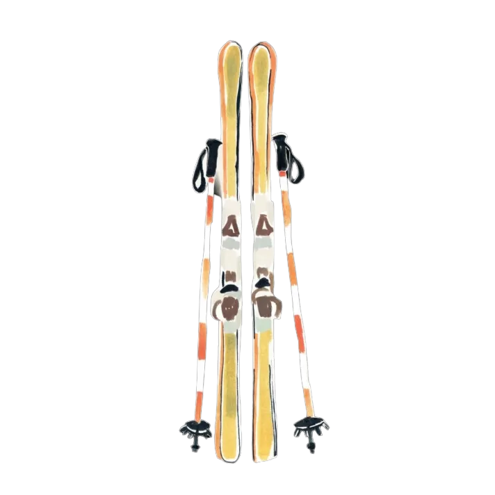 A watercolour of a pair of skis standing upright with poles crossed against them.