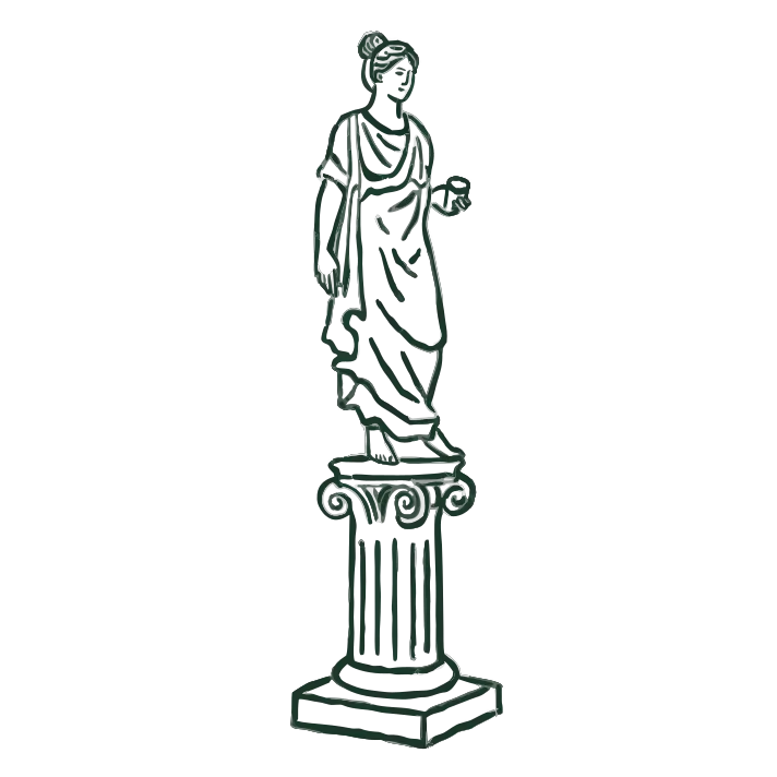 An ink drawing of a classical draped figure holding a cup, standing on a fluted Ionic column.
