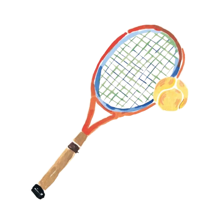 A watercolour of a tennis racquet lying beside a ball, painted loosely on a plain ground.