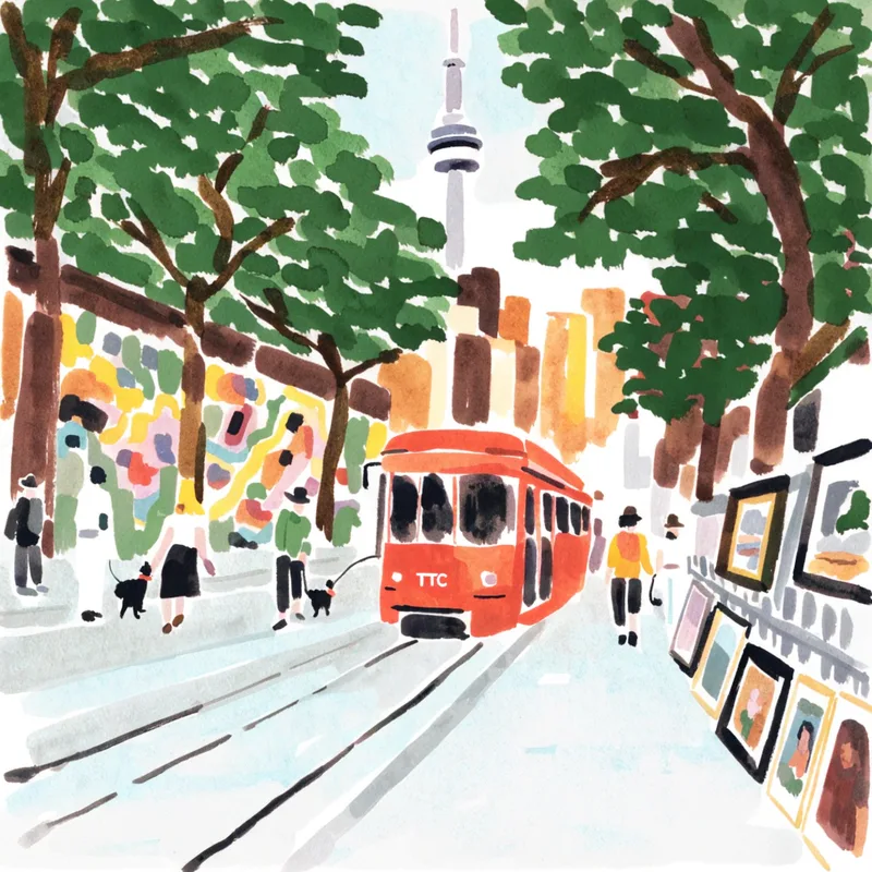 A watercolour of a red TTC streetcar on a tree-lined Toronto street, the CN Tower behind it and framed pictures hung along a railing in the foreground.